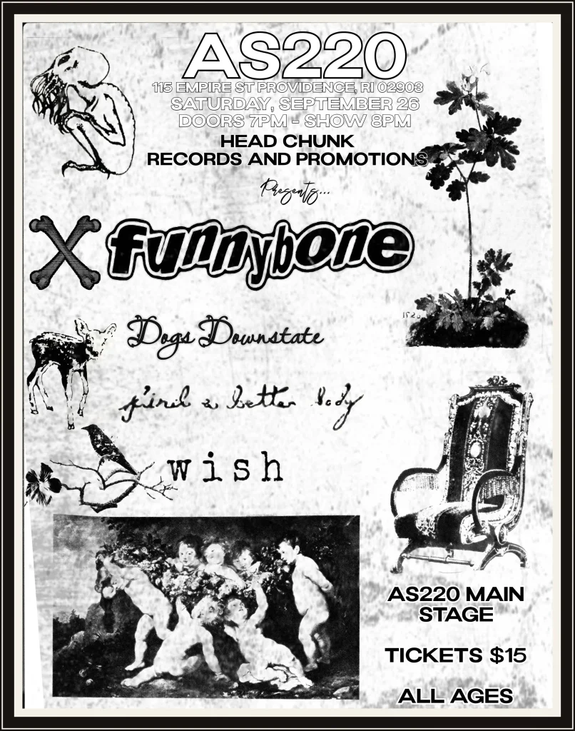 Concert flyer for AS220 featuring bands Funnybone, Dogs Downstate, and Wish. Event details included.