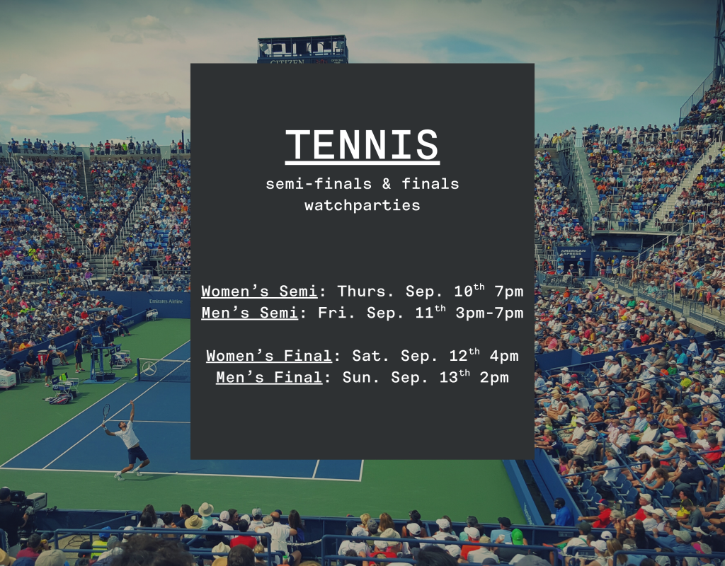 Tennis match in progress with spectators in the stands; schedule for semi-finals and finals displayed.