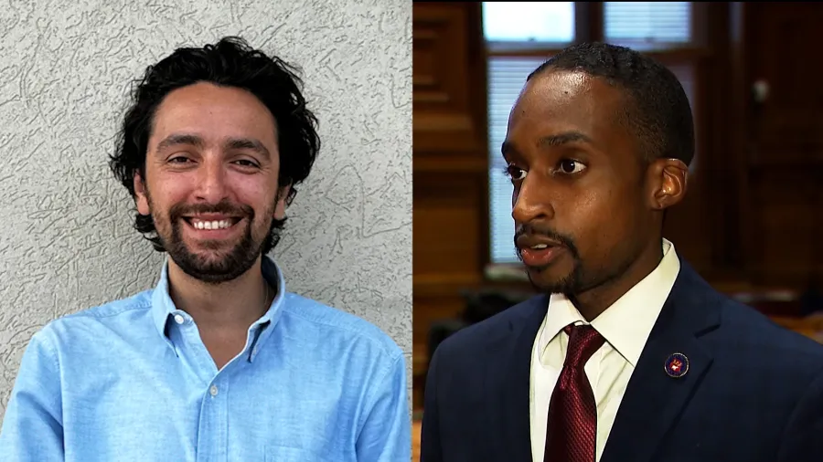 Two men are shown side by side; one smiles casually, while the other speaks seriously in a formal setting.
