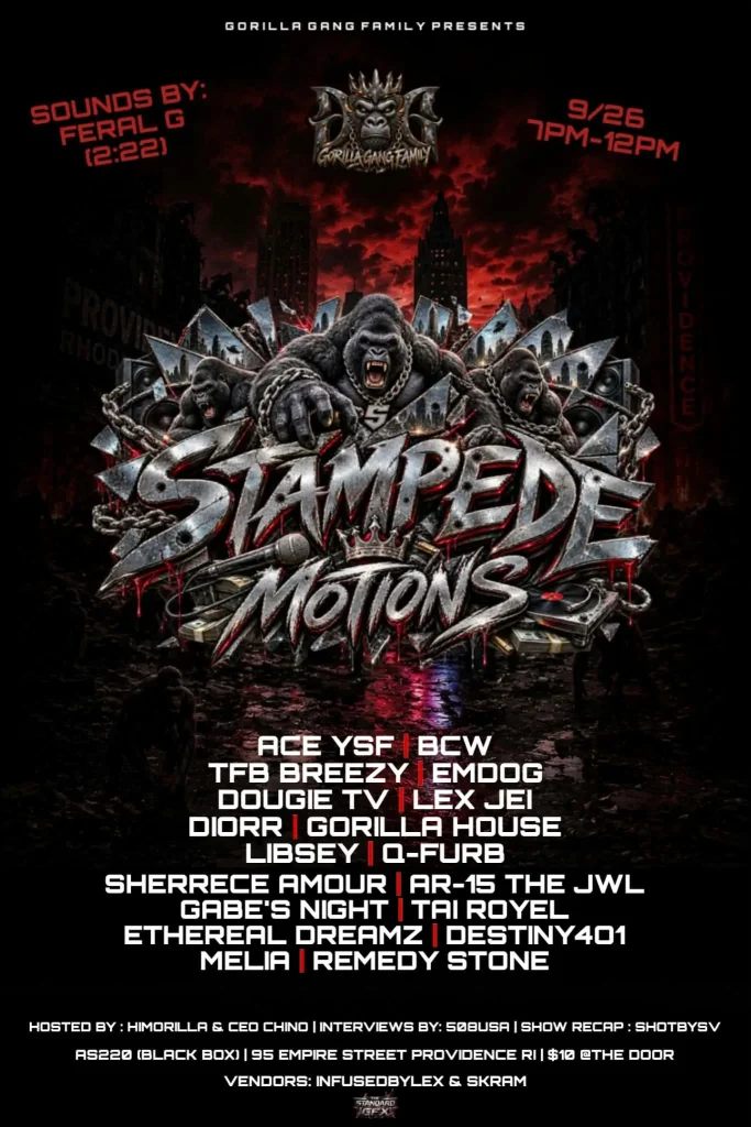 Event poster for "Stampede Motions" featuring gorilla graphics, artist names, and event details.
