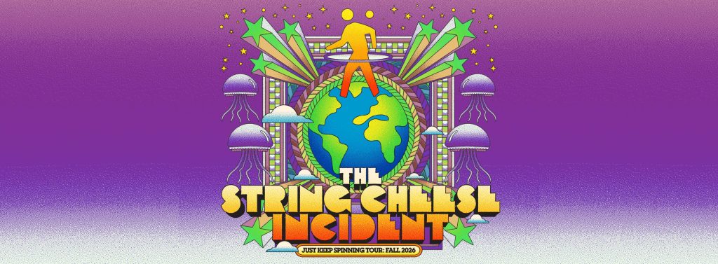 Colorful graphic featuring a globe, stars, jellyfish, and a figure on a surfboard. Text promotes a fall 2026 tour.