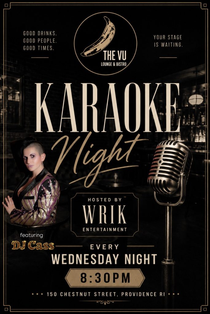 Karaoke night poster featuring a host in a stylish jacket, microphone, and event details.