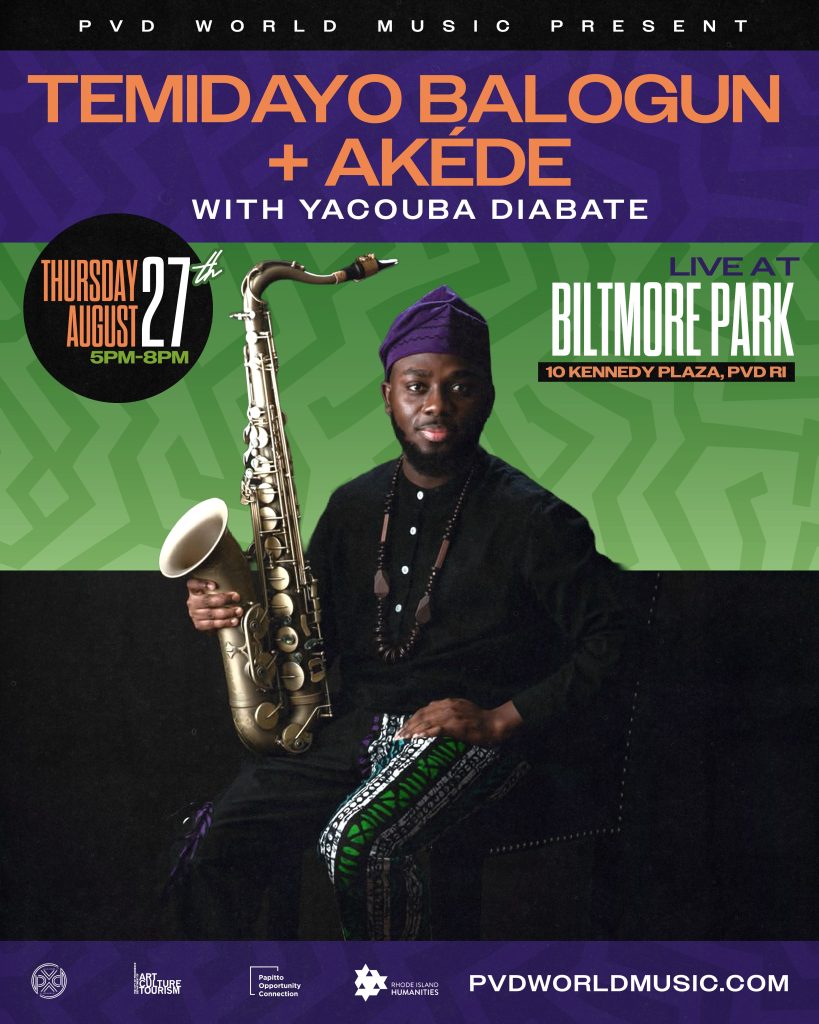 Temidayo Balogun holds a saxophone, wearing traditional attire, promoting a live music event at Biltmore Park.