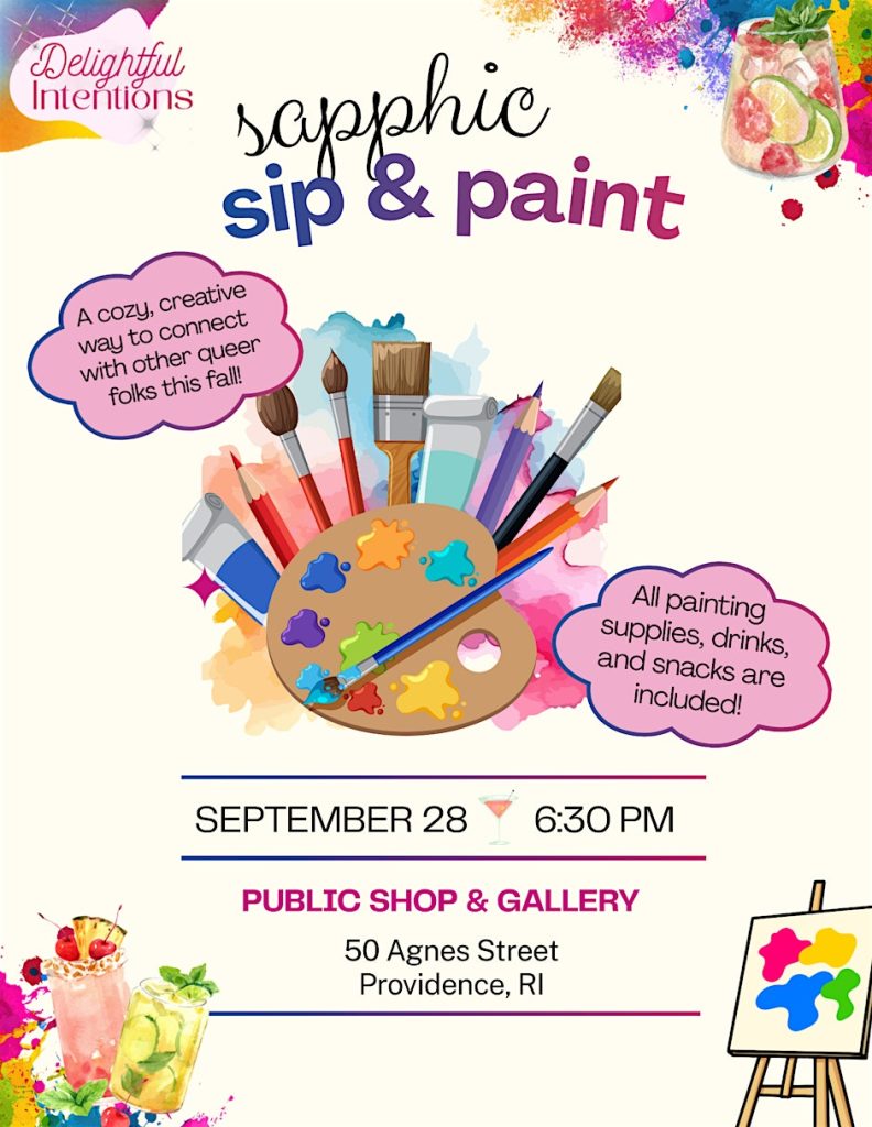 Promotional poster for a sapphic sip and paint event, featuring art supplies, drinks, and snacks.