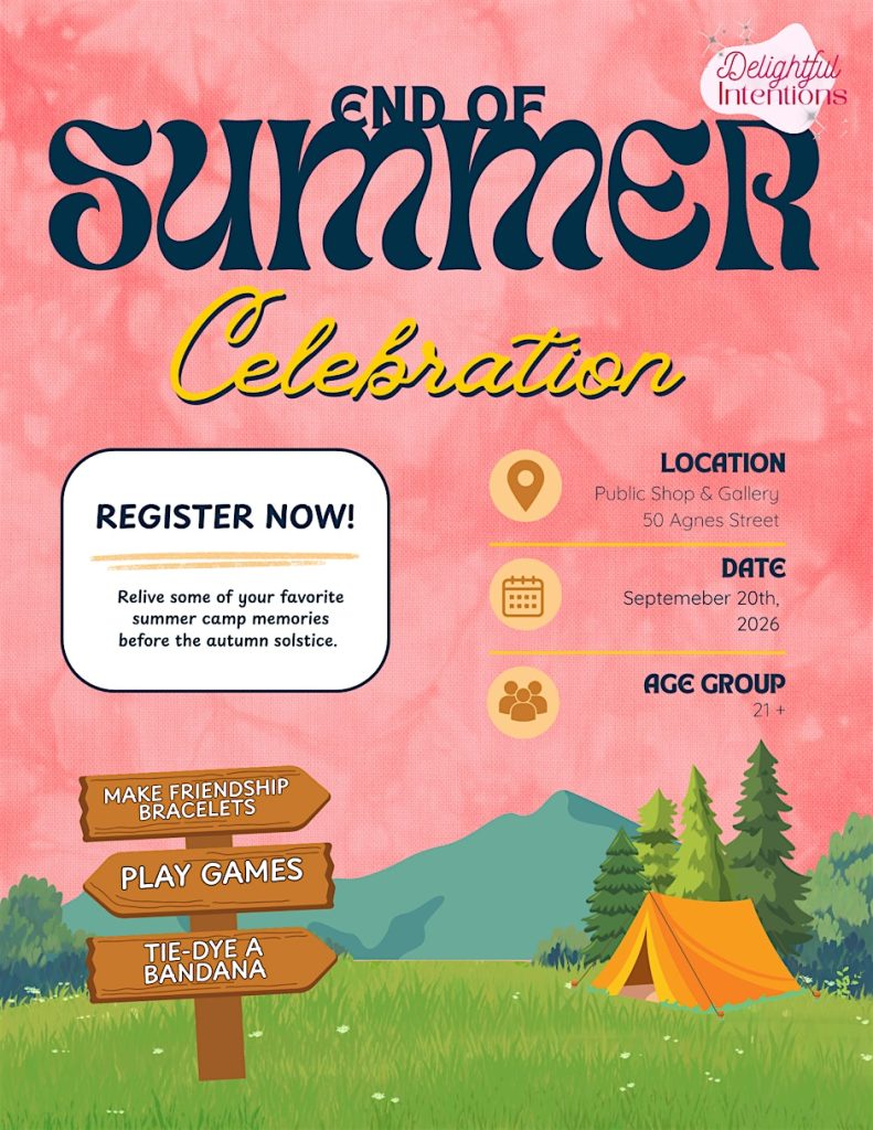 End of summer celebration flyer with event details, activities, and a camping scene. Age group 21+.