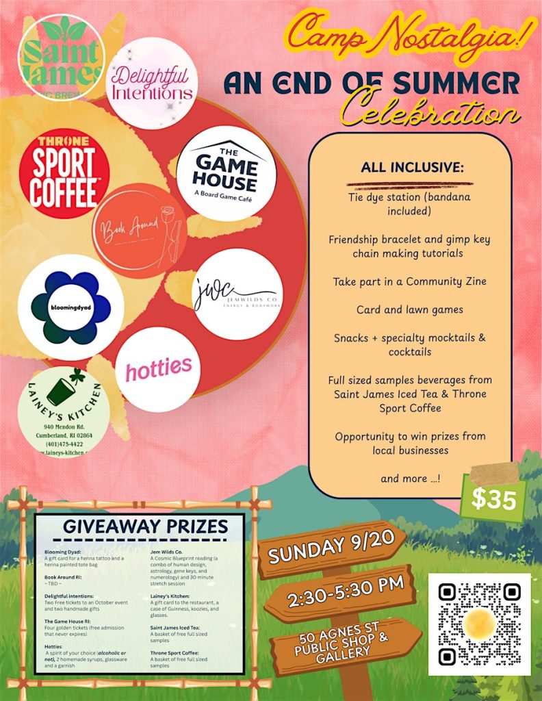 Event flyer for "Camp Nostalgia," featuring activities, local businesses, and giveaway prizes. Date and location included.