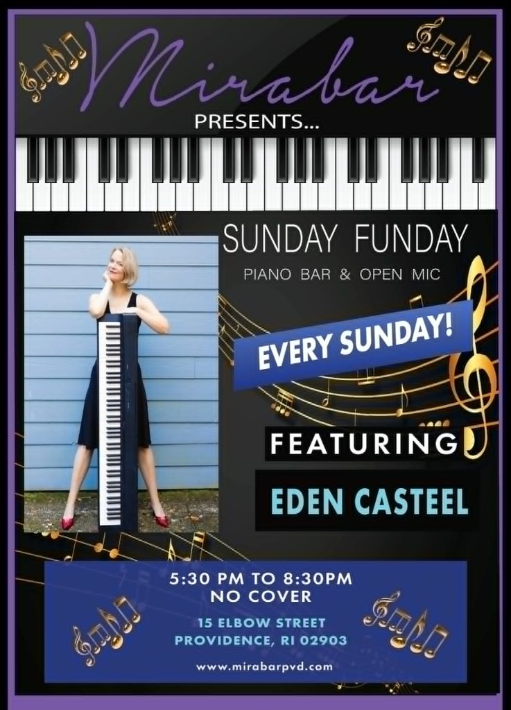 A woman in a black dress poses with a keyboard, promoting a piano bar event featuring Eden Casteel.