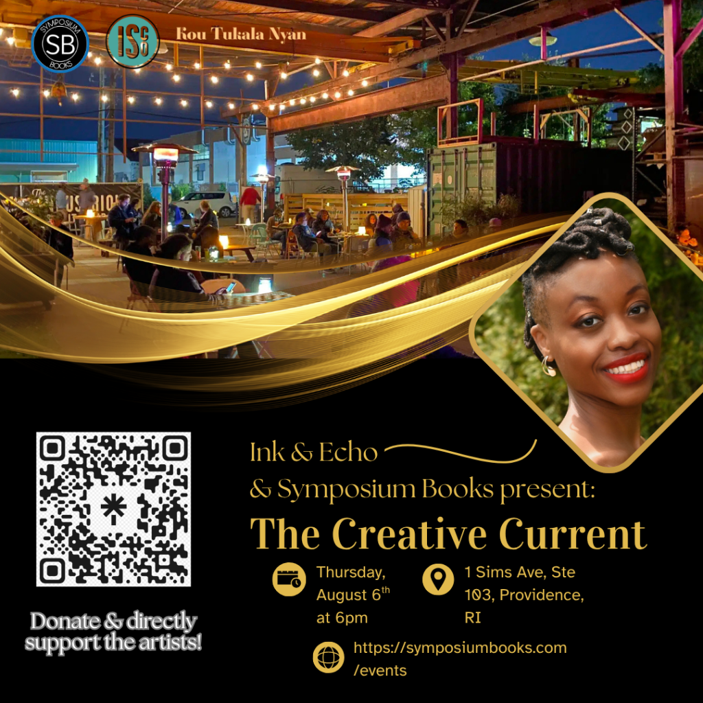 Outdoor event space with people seated, string lights overhead, promoting "The Creative Current" event.