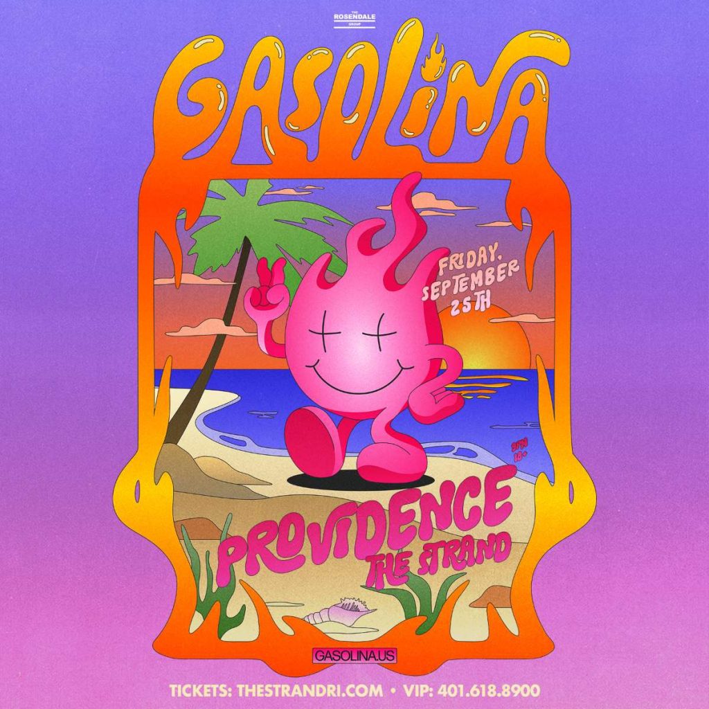 Colorful poster for Gasolina party featuring a smiling flame character, beach scene, and event details.