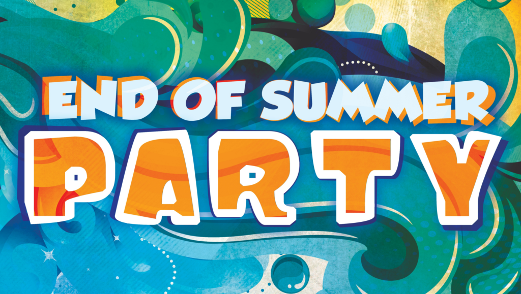 Colorful graphic text reads "End of Summer Party" with abstract swirls in the background.