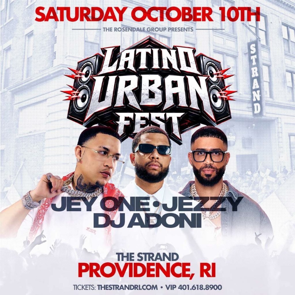 Three male performers pose together, promoting the Latino Urban Fest in Providence, RI. Event details are displayed prominently.