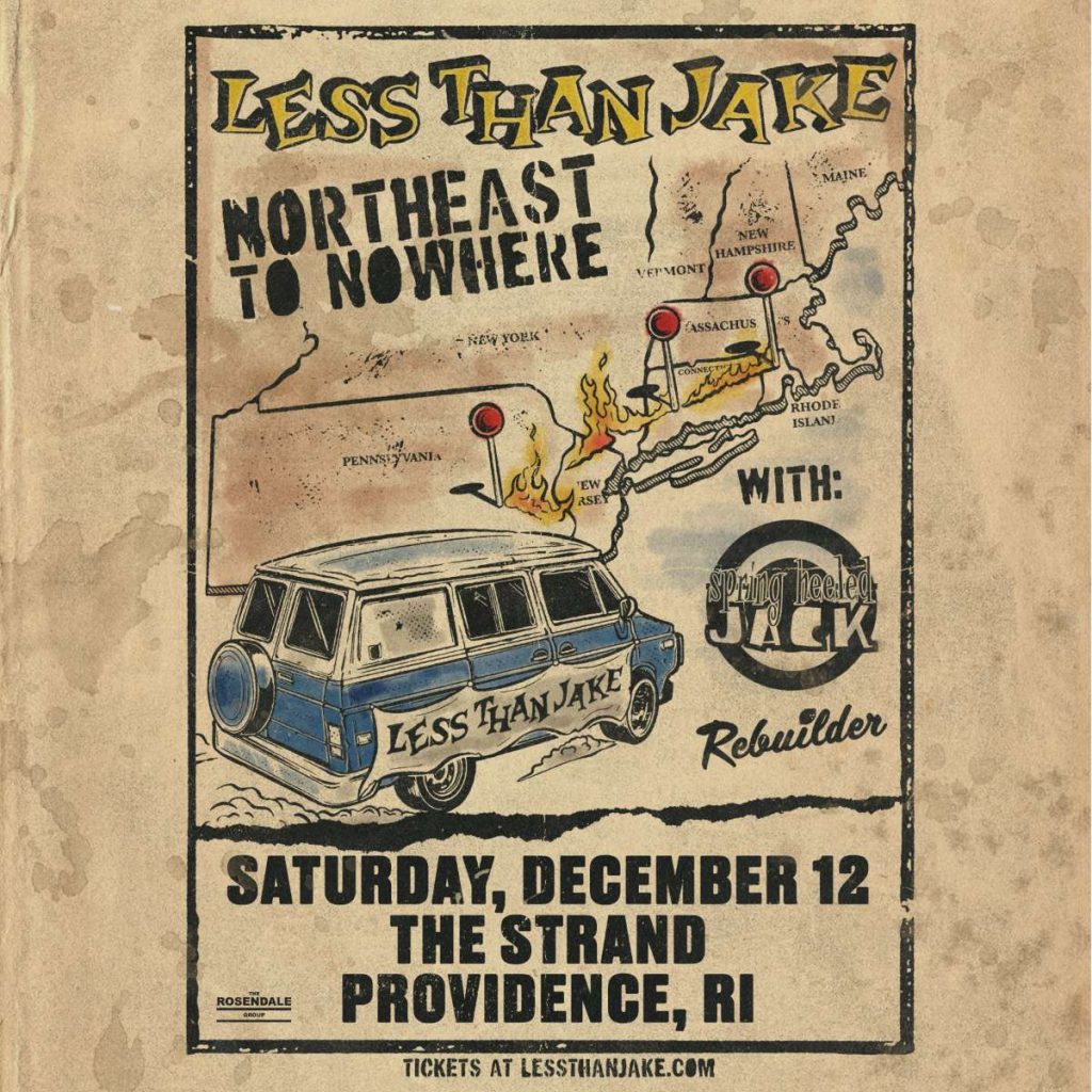 Promotional poster for Less Than Jake's "Northeast to Nowhere" tour, featuring a blue van and concert details.