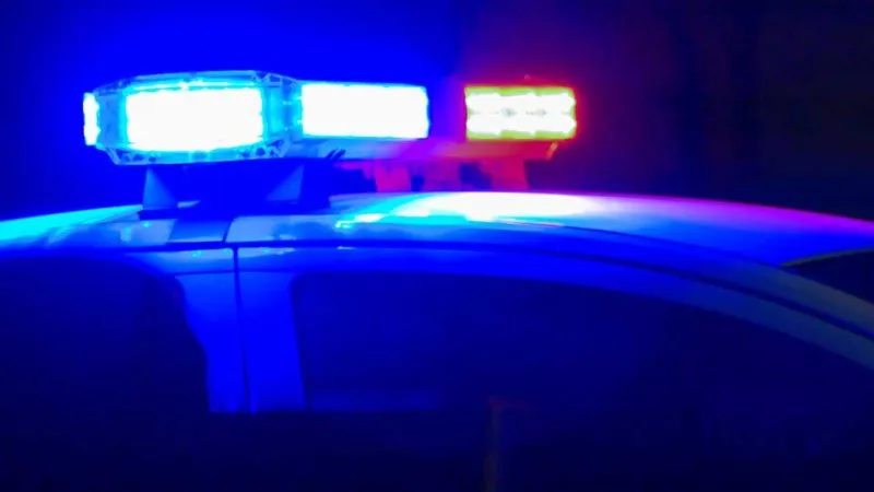 Flashing blue and red lights on top of a police car at night.