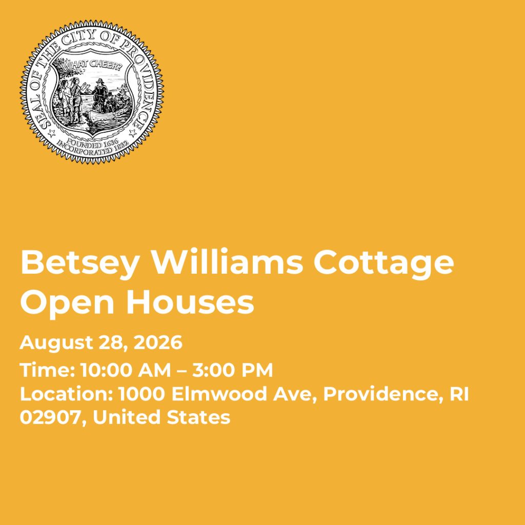 Event details for Betsey Williams Cottage Open Houses on August 28, 2026, from 10 AM to 3 PM.