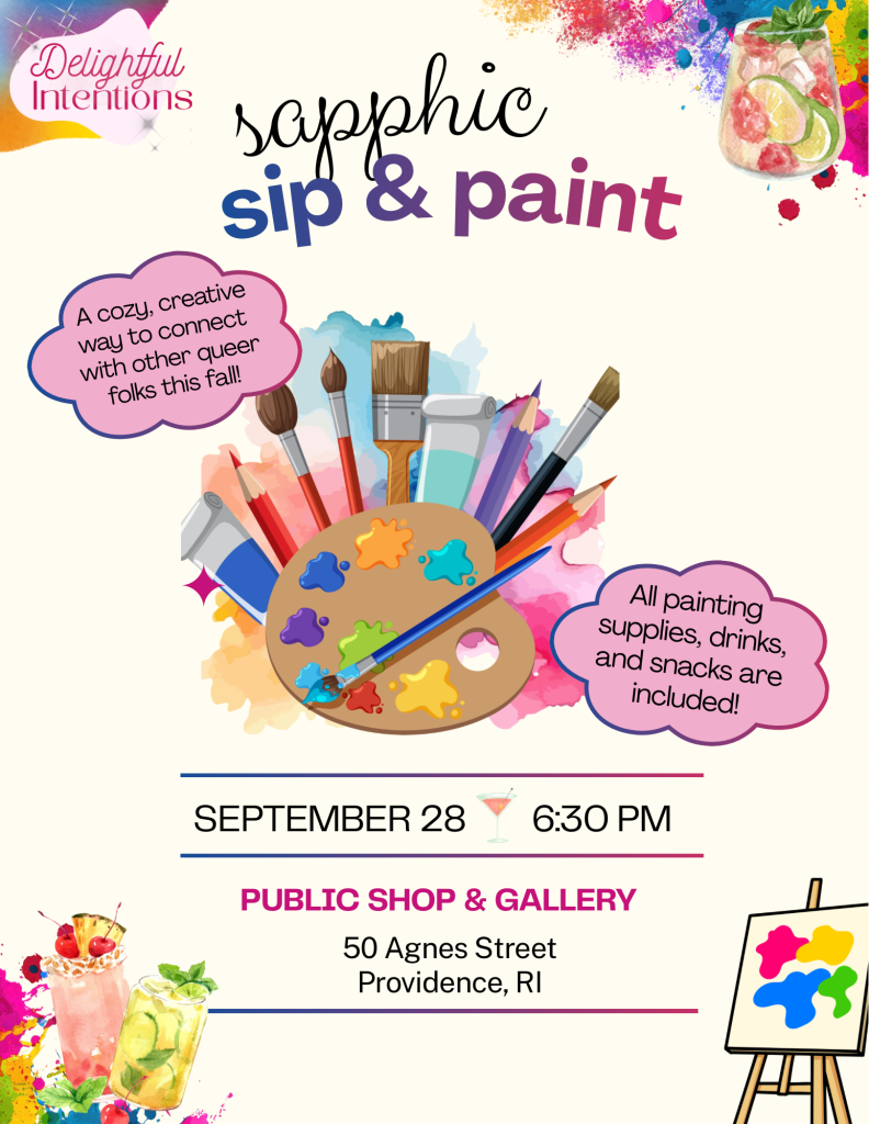 Event flyer for a sapphic sip and paint on September 28, featuring art supplies, drinks, and snacks included.