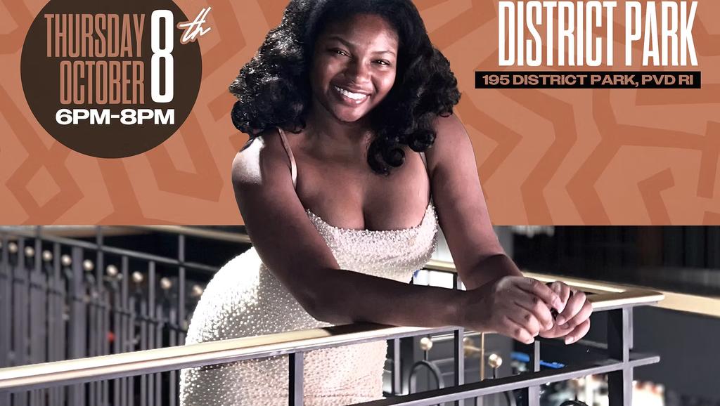A smiling woman in a sparkling dress leans on a railing, promoting an event at District Park on October 8.