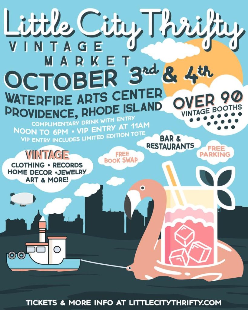 Vintage market advertisement featuring event details, vintage items, and a flamingo drink graphic.