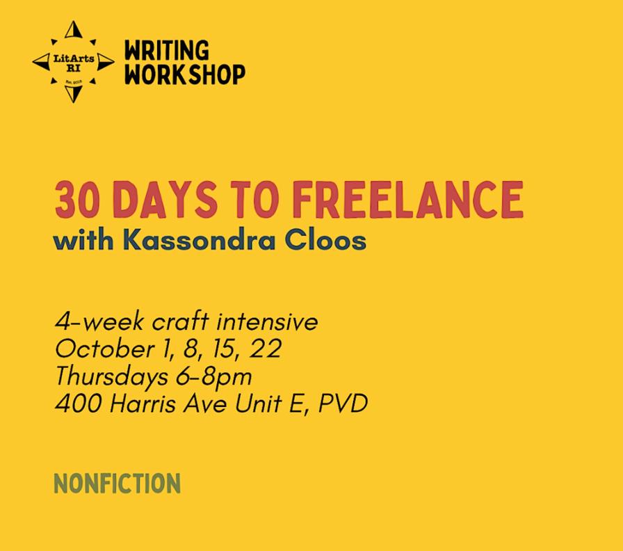 Workshop announcement for "30 Days to Freelance" with Kassondra Cloos, October dates and location listed.