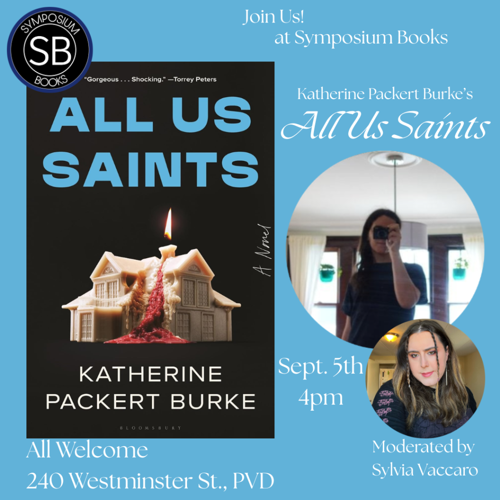 Event announcement for Katherine Packert Burke's book "All Us Saints," moderated by Sylvia Vaccaro on September 5th.