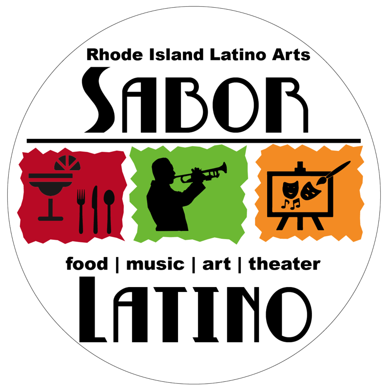 Logo for Rhode Island Latino Arts featuring "SABOR" with icons representing food, music, art, and theater.