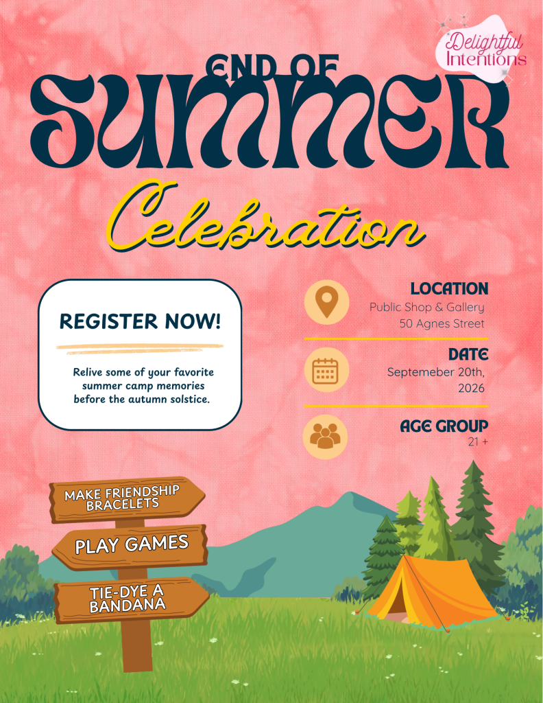 End of summer celebration flyer with event details, activities, and a colorful tent in a natural setting.