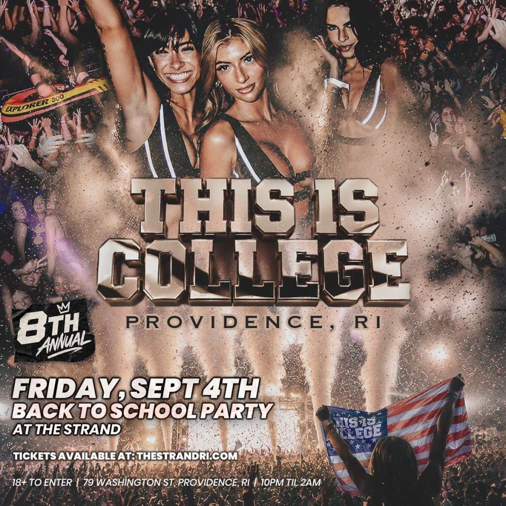 Three women pose with smiles at a lively party, surrounded by a cheering crowd and confetti. Event details included.