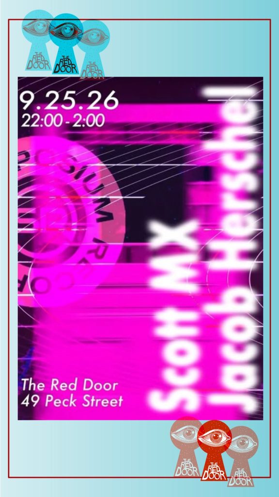 Event poster for Scott MX and Jacob Herschel at The Red Door, September 25, 2026, 10 PM to 2 AM.