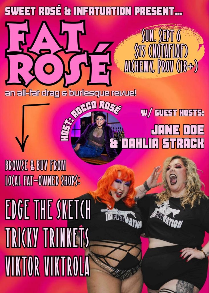 Promotional poster for "Fat Rosé," featuring hosts Rocco Rosé, Jane Doe, and Dahlia Strack in vibrant outfits.
