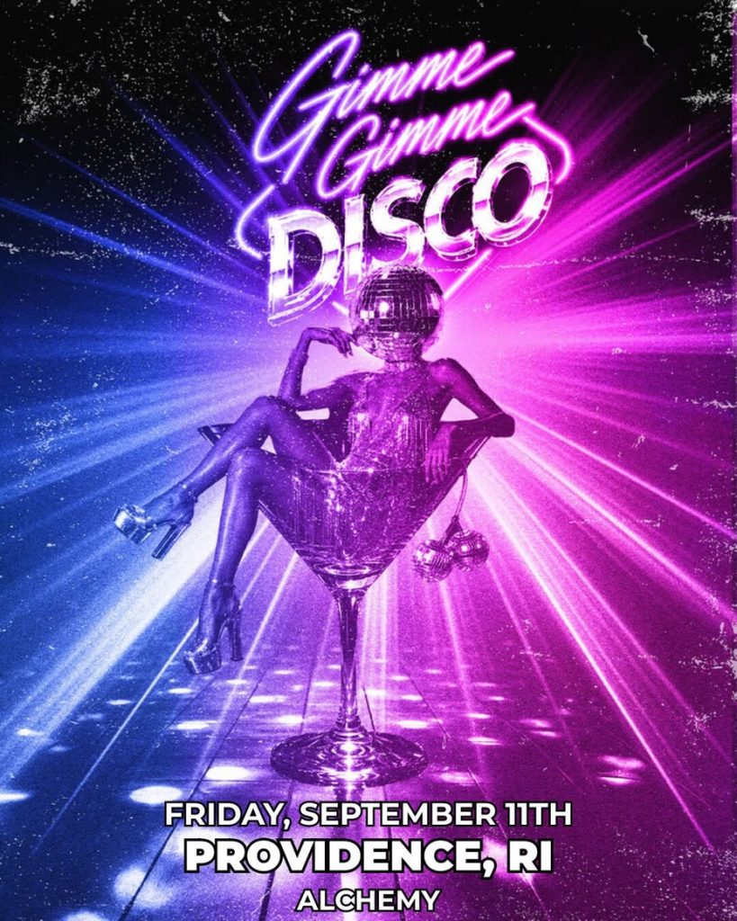 A disco-themed graphic featuring a figure in a martini glass, with vibrant colors and event details.