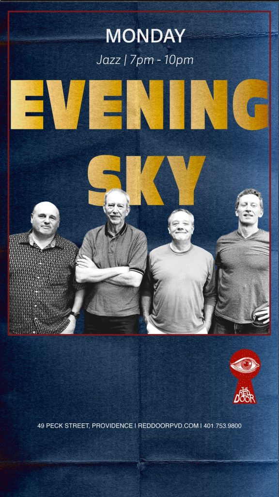 Four men stand together, smiling, promoting a jazz event titled "Evening Sky" on Monday.