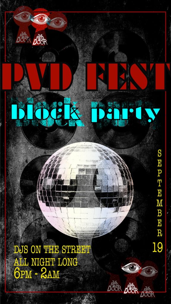 Promotional poster for PVD Fest block party on September 19, featuring DJs and a disco ball.