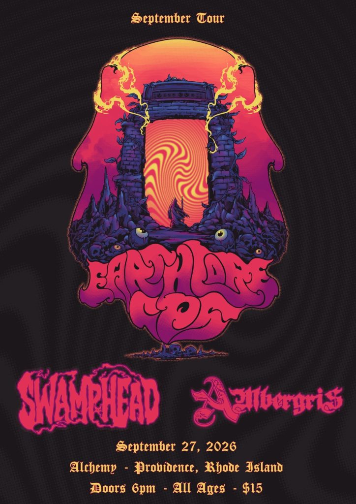 Colorful concert poster for Earth Lore Tour featuring Swamphead and Alabgrris, September 27, 2026, in Providence, Rhode Island.