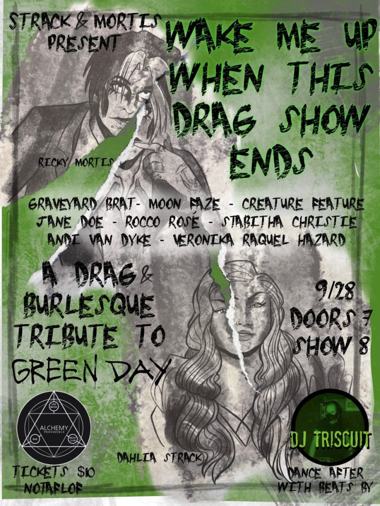 Promotional poster for a drag and burlesque tribute to Green Day, featuring event details and performer names.