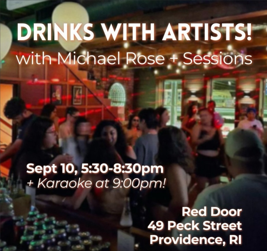 Crowd socializing at a bar event featuring Michael Rose, with karaoke scheduled later.