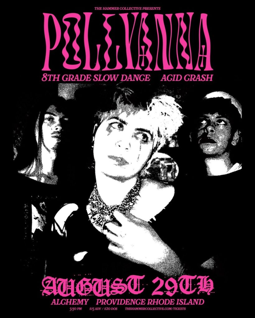Three people pose in a dramatic, black-and-white setting with pink text announcing an event.