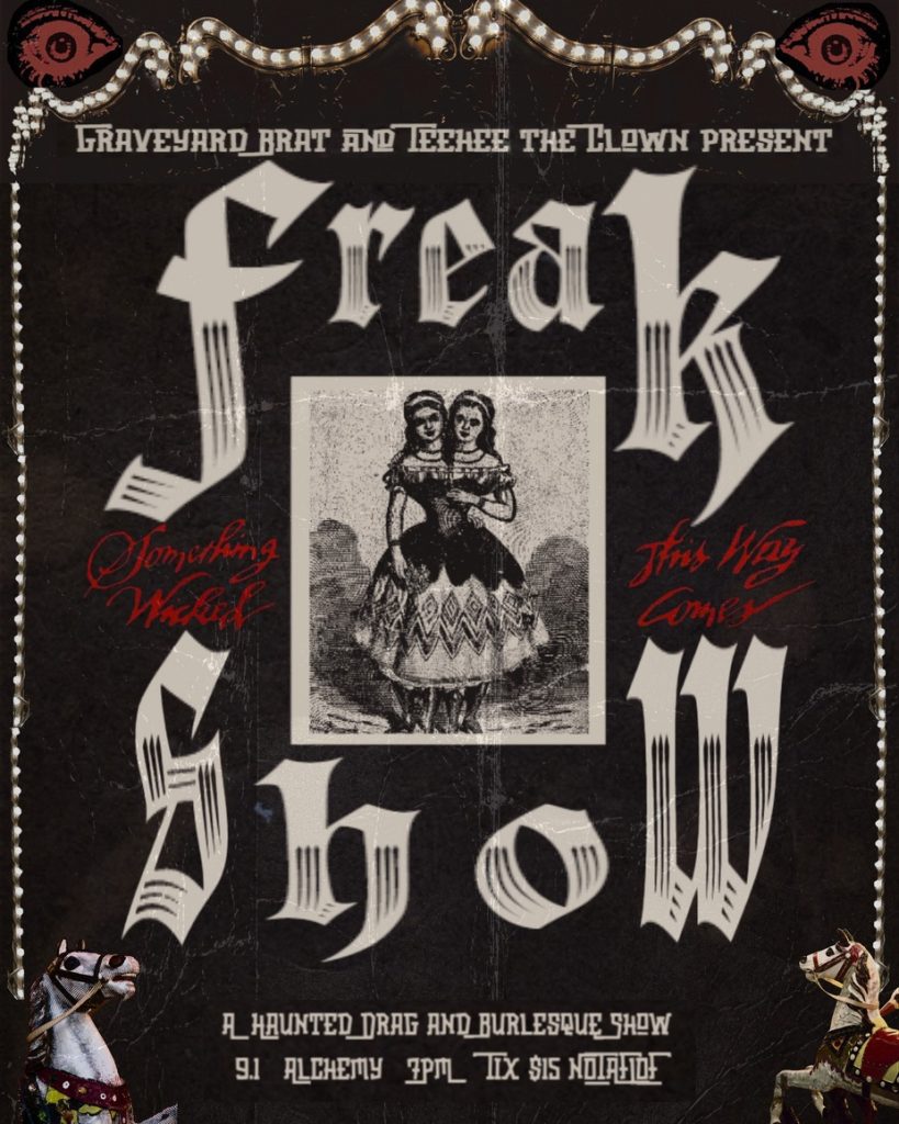 Promotional poster for a haunted drag and burlesque show featuring twin performers. Event details included.