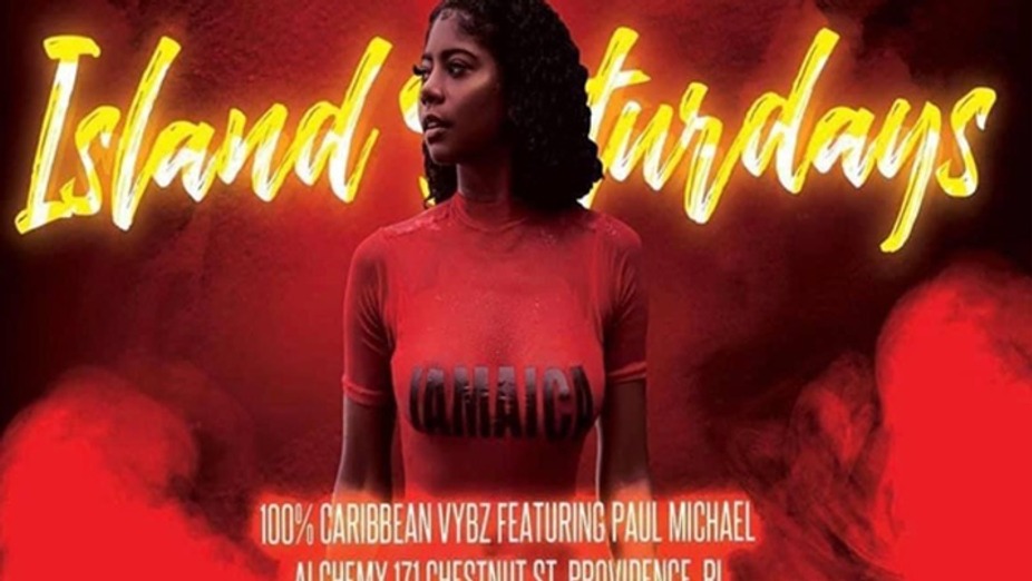 A woman in a red shirt with "JAMAICA" stands against a vibrant background promoting "Island Saturdays.