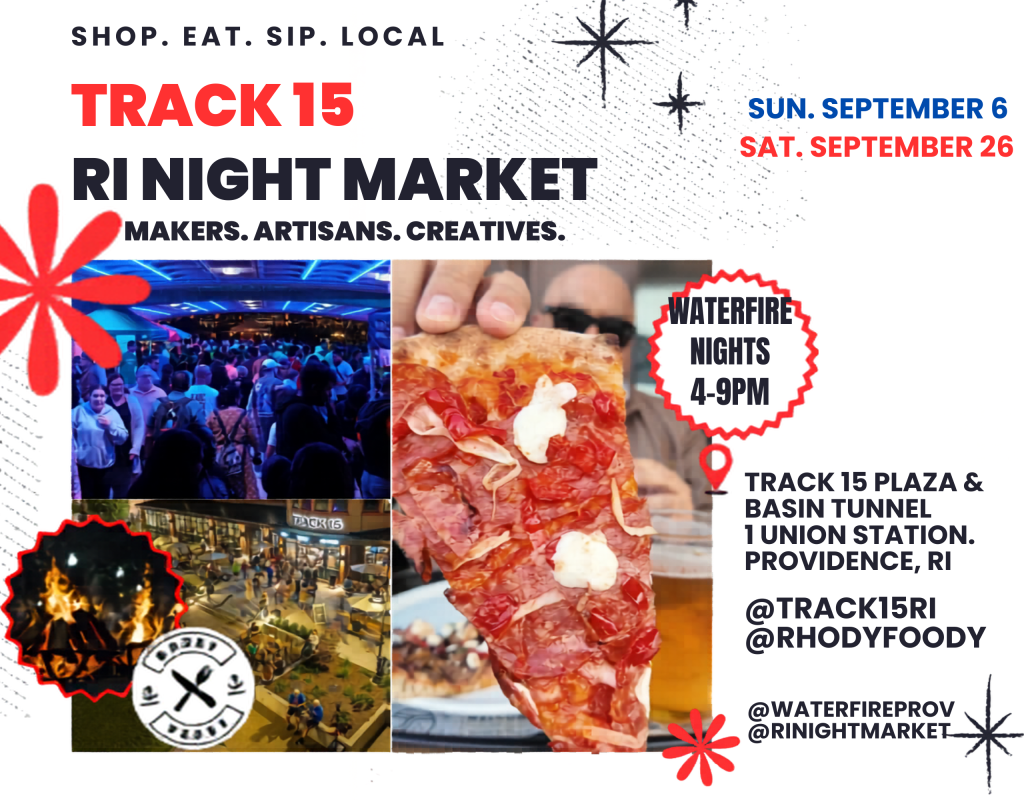 Crowd enjoying food and drinks at the RI Night Market, featuring pizza and vibrant outdoor atmosphere.