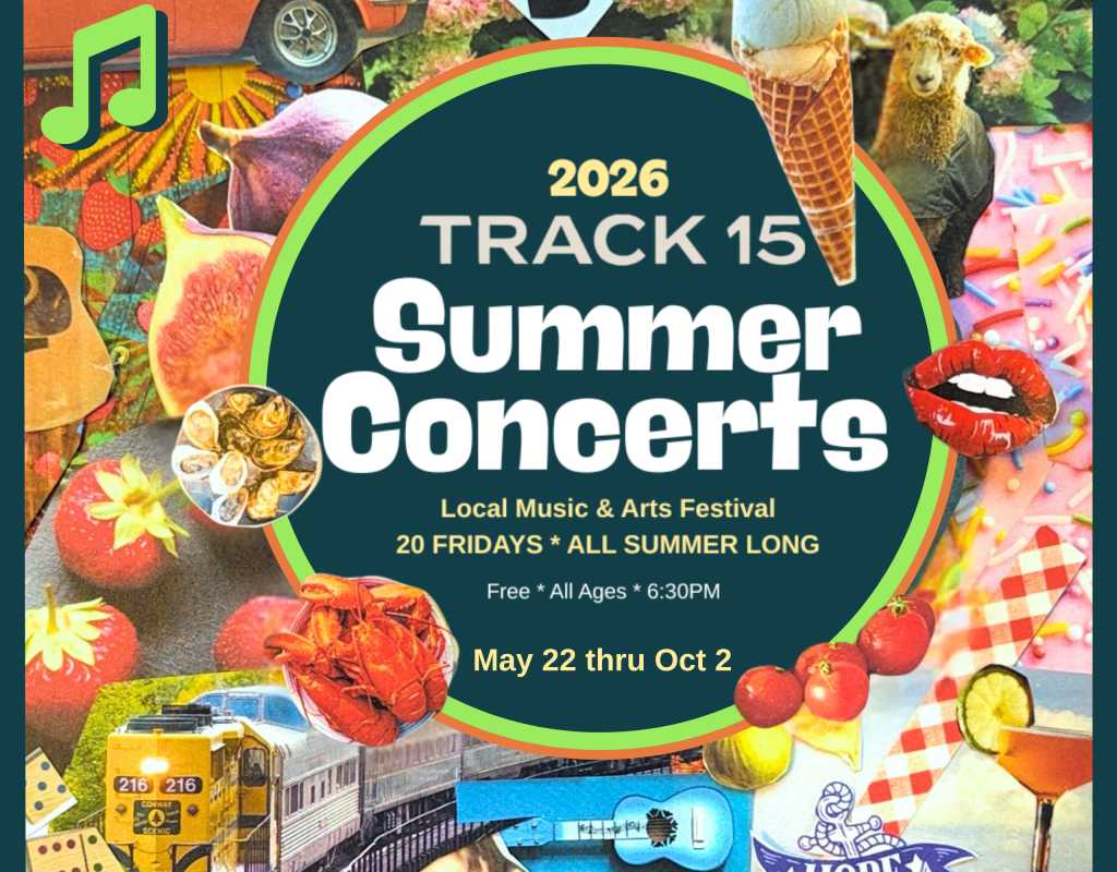 Colorful collage promoting the 2026 Summer Concerts, featuring music, food, and local art details.