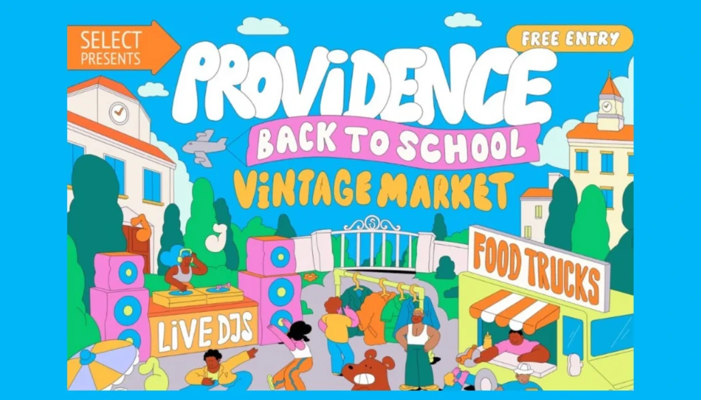 Colorful illustration promoting a vintage market with DJs, food trucks, and people enjoying the event.