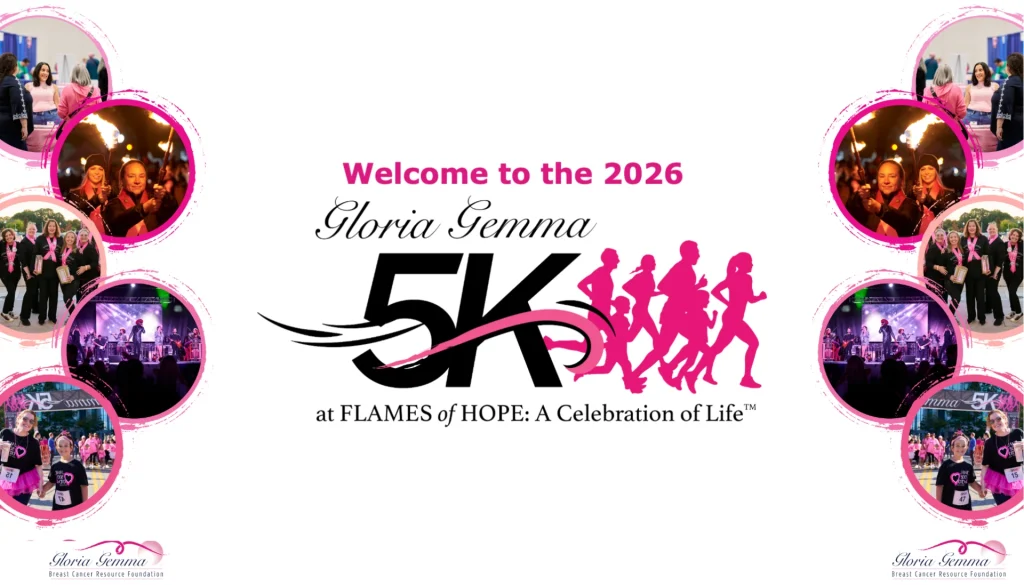 Logo for the 2026 Gloria Gemma 5K event, featuring runners and scenes of celebration and community support.