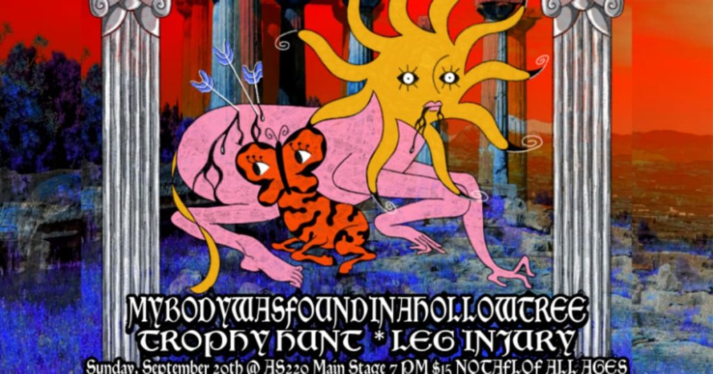 Colorful artwork featuring a surreal figure with a sun-like head, surrounded by columns and butterflies. Event details included.