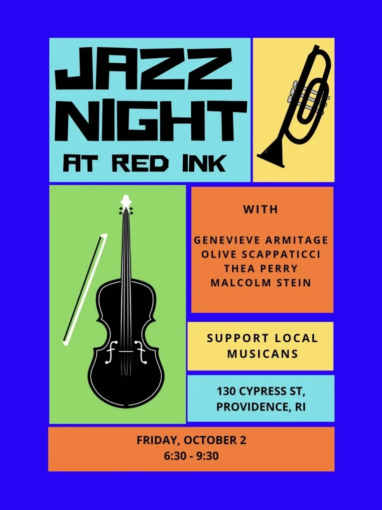 Jazz Night at Red Ink features musicians Genevieve Armitage, Olive Scappaticci, Thea Perry, and Malcolm Stein.