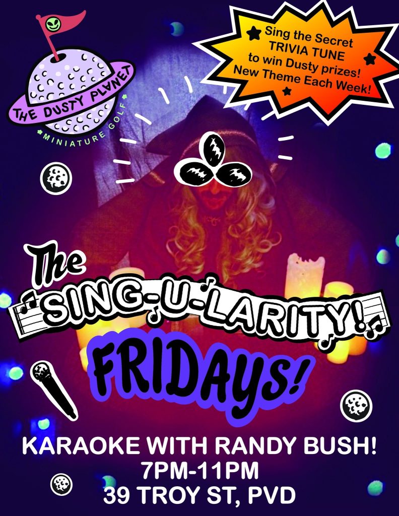 Promotional poster for karaoke event featuring Randy Bush at The Dusty Planet, highlighting prizes and themes.