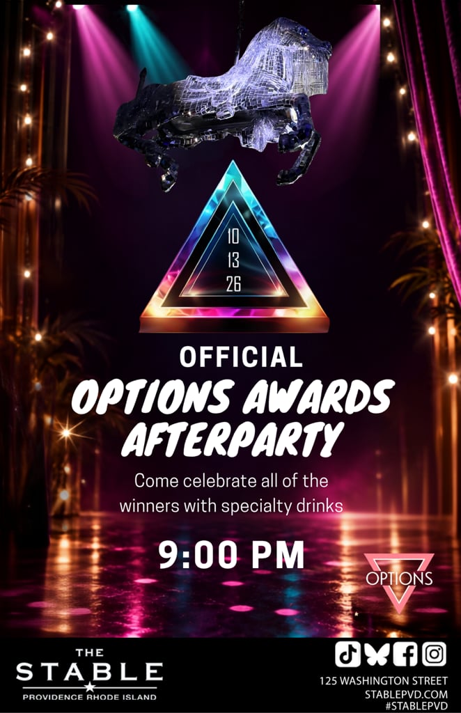 Colorful poster for the Options Awards Afterparty, featuring a crystal lion sculpture and event details.