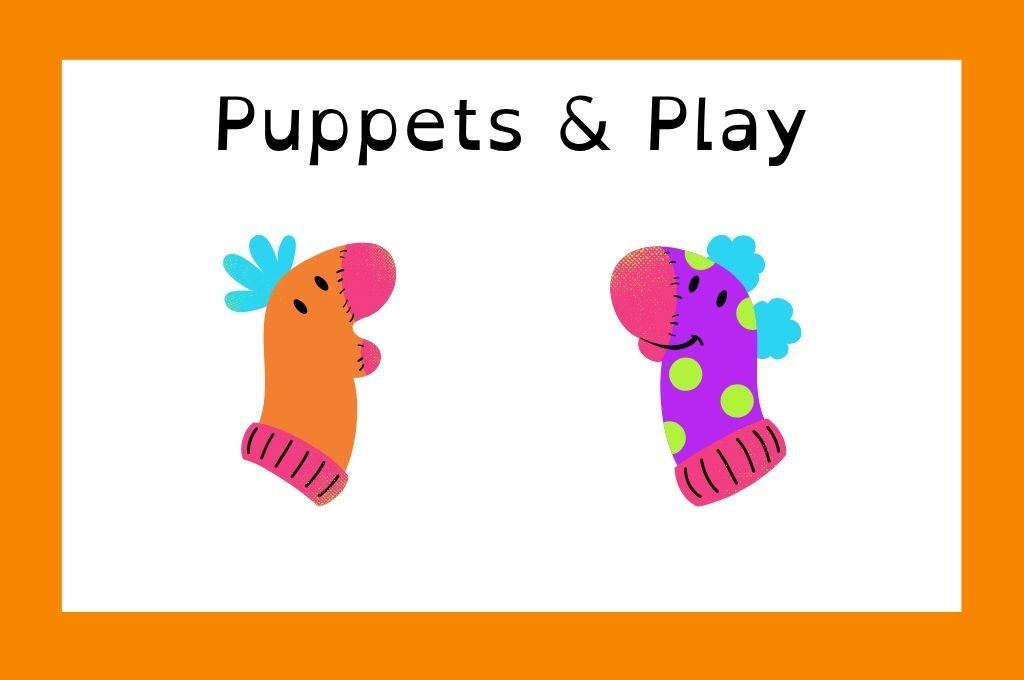 Two colorful puppet characters with playful designs, labeled "Puppets & Play.
