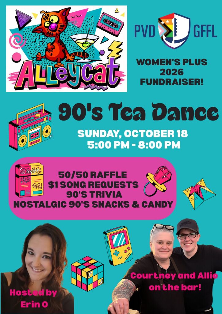 Colorful event poster for a 90's tea dance fundraiser, featuring hosts Erin, Courtney, and Allie.