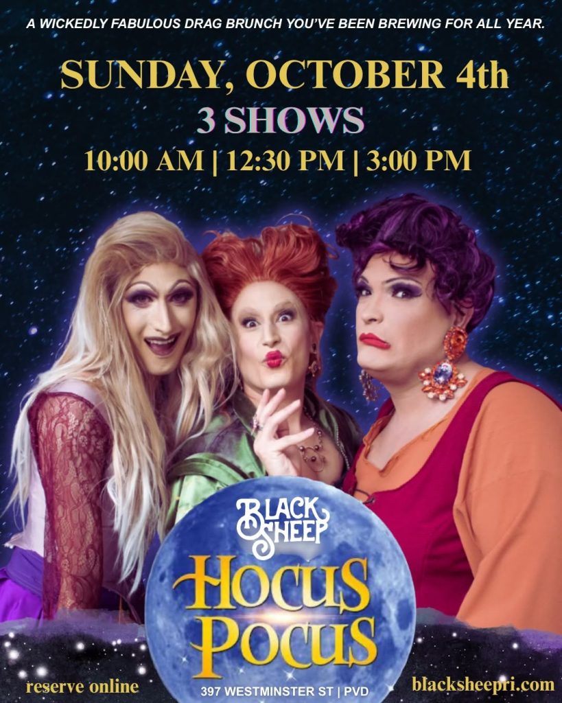 Three drag performers pose together, promoting a Hocus Pocus-themed brunch event at Black Sheep.