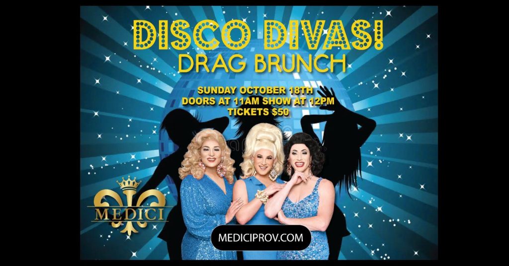 Three drag performers in sparkling blue outfits promote a "Disco Divas" brunch event. Event details are included.