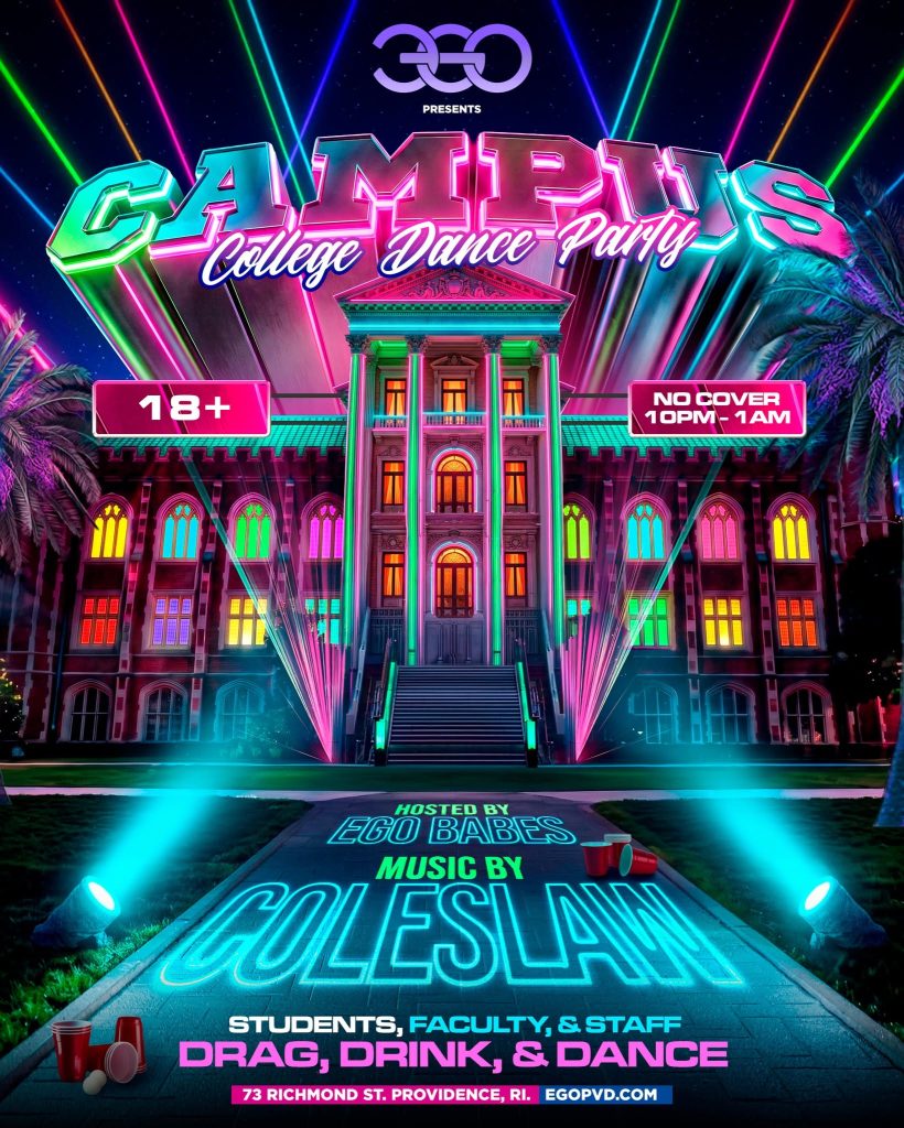 Colorful promotional poster for a college dance party featuring neon lights, a historic building, and event details.
